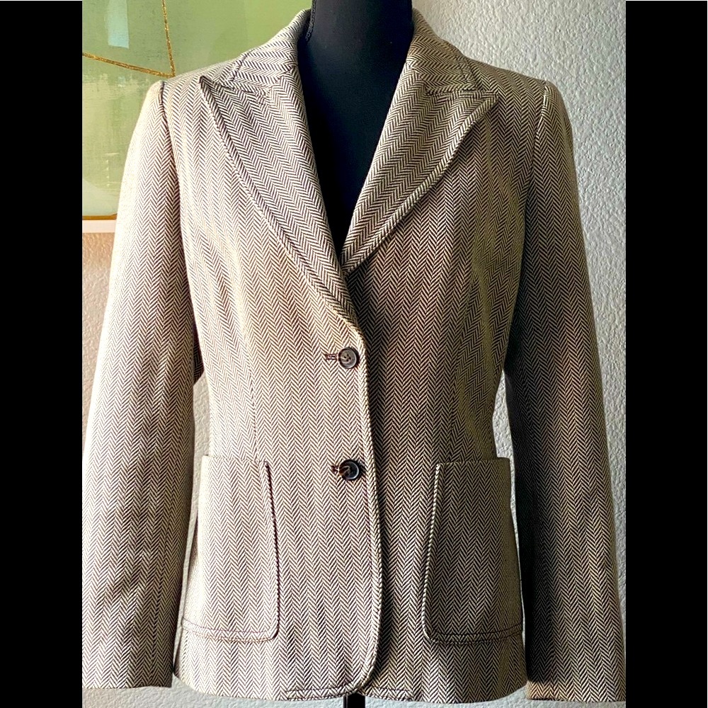 Michael Kors Classic Brown & Ivory Chevron Blazer, 6
